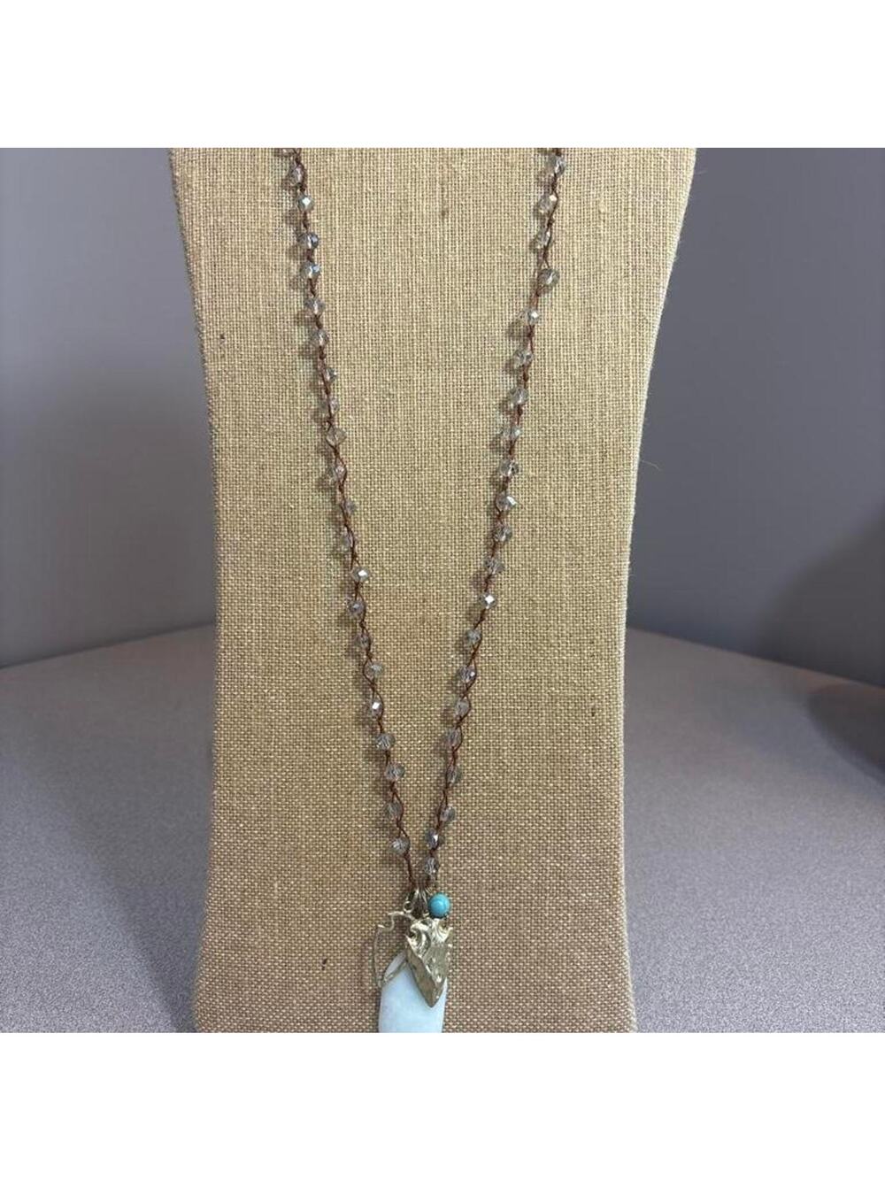 Boho chic long beaded necklace with Turquoise Pendant and Gold Arrow Pendant